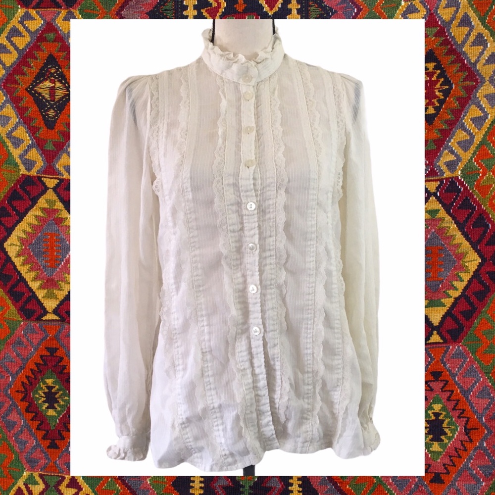 VTG 70s Gunne Sax Long Sleeve Cream Lace Blouse